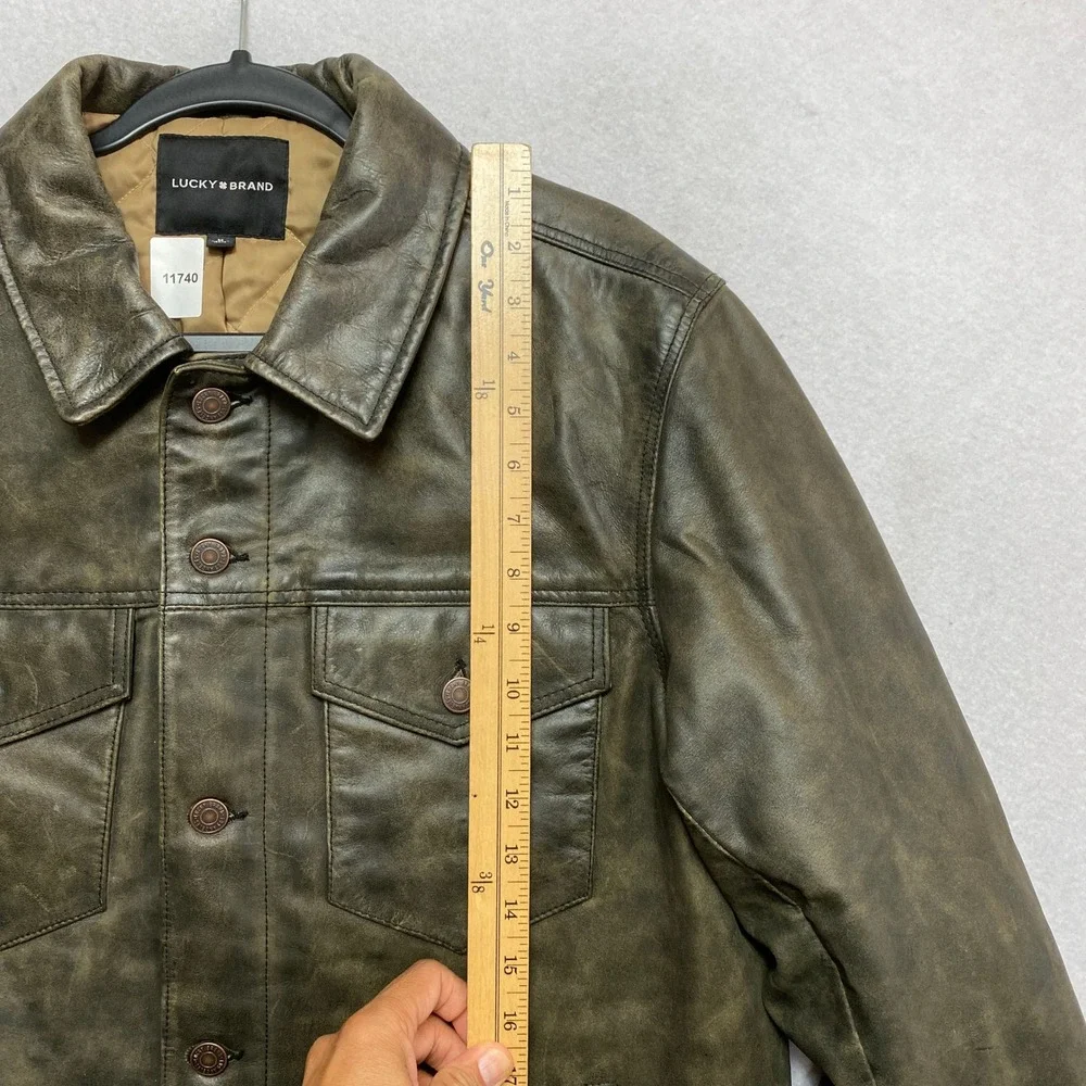 Lucky Brand Leather Trucker Jacket Mens M Olive Green Distressed Quilted Lining